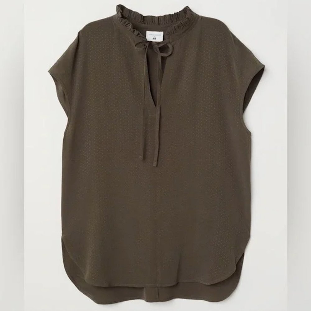 Anna Glover for H&M Olive Green Ruffle Tie Neck Blouse Size 6